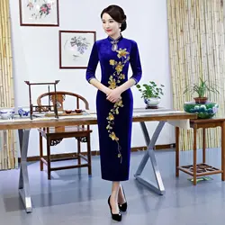 Пикантные длинные велюр Cheongsam 2018 Весна Традиционный китайский стиль платье Женские блестками бисер Qipao Тонкий платья для вечеринок Vestido