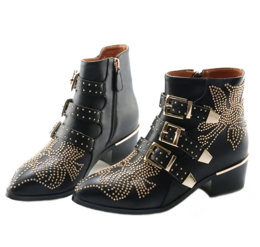 Otoño moda tachuela flores mujeres tobillo botas tres hebillas punta  frontal damas caballero botas cremallera lateral tacón bajo Mujer bota|knight  boots|female bootswomen ankle boots - AliExpress