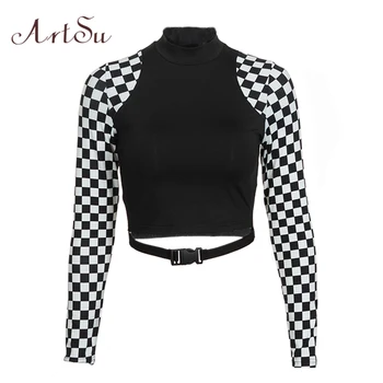 

ArtSu Checkerboard Long Sleeve Crop Top Turtleneck Buckle T-shirt Women Harajuku Tee Shirt Plaid Funny T shirt Femme ASTS20632