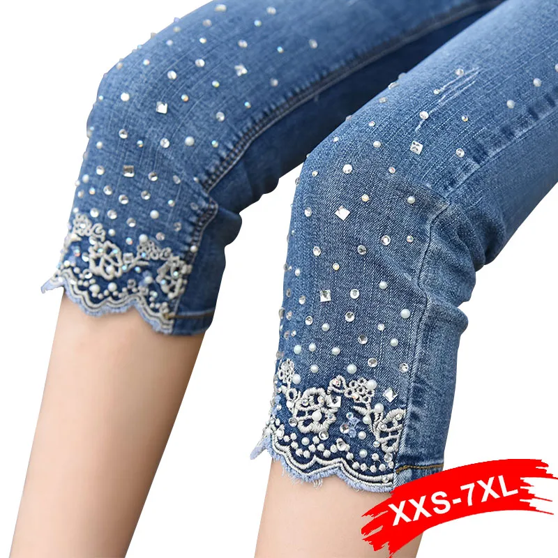 

Plus Size 2018 New Women Embroidery Beading Stretch Jeans 4XL 5XL Summer Hight Waist Calf Length Pencil Pants