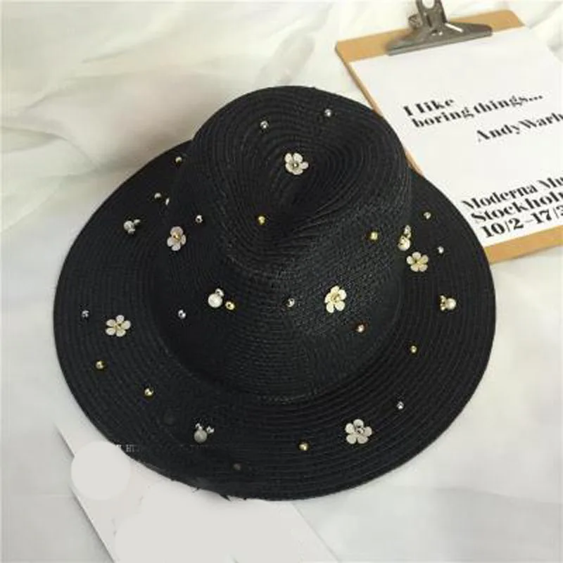 Новая мода заклепки блестки жемчужные украшения солнечные шляпы для женщин летние шапки соломенная шляпа 6 цветов - Цвет: black