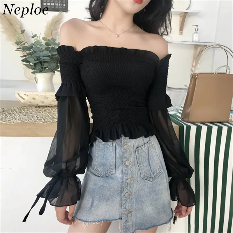 

Neploe Black Solid Vintage Chiffon Shirts Off Shoulder Slash Neck Women Tops Slim Long Sleeve See-through Sunscreen Blusas 68074