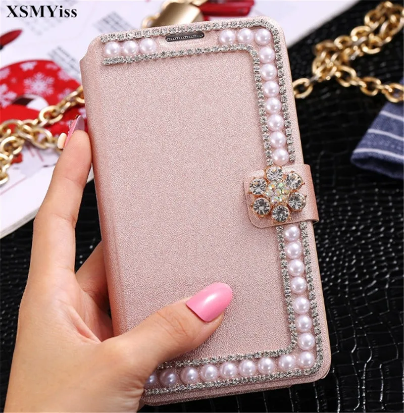 

XSMYiss Luxury Bling Rhinestone Pearl Wallet Filp Cover Leather Cover Case For Samsung S7 S6 edge S8 S9 S10 Plus Note 9 8 5 Case