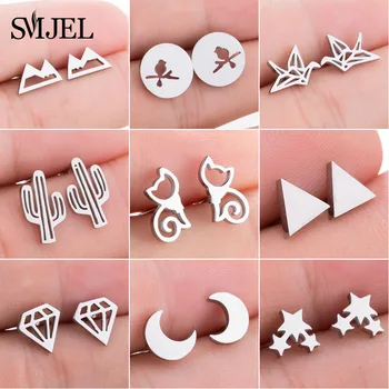 SMJEL Fashion Cute Animal Stud Earrings for Women Kids Stainless Steel Jewelry Cat Moon Star Earings Jewelry Accessories Gifts
