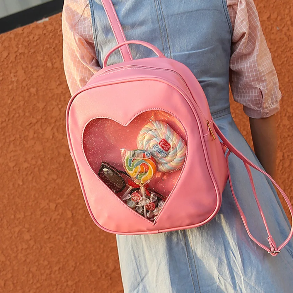 Candy Color PU Leather Ita Bag DIY Transparent Love Heart Shape Backpack Kawaii Harajuku Schoolbags For Teenage Girls#L10