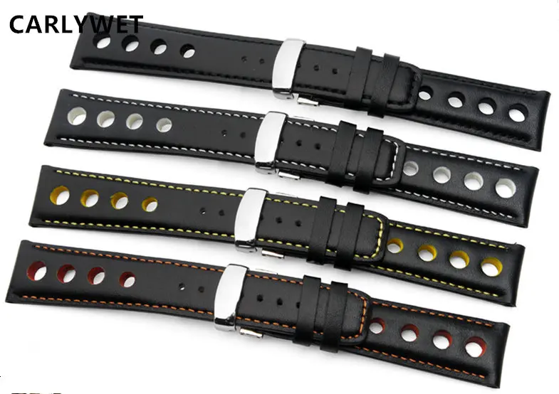 

CARLYWET 20mm Real Calf Leather Handmade Black White Orange Yellow Stitches Wrist Watch Band Strap Belt Clasp For T91 PRS516