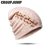 GROUP JUMP зимние шапочки высокого качества Стразы дамские шапочки женские шапки для осени бренд теплая подкладка вязаные шапки шерсть
