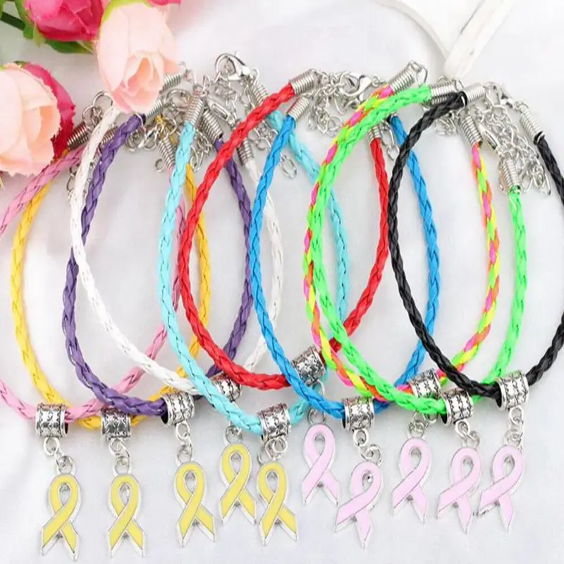 

Handmade Braided Leather Bracelet Dangle Enamel Breast Cancer Awareness Ribbon Charms Cuff Bracelet Bangles Fit Women Jewelry
