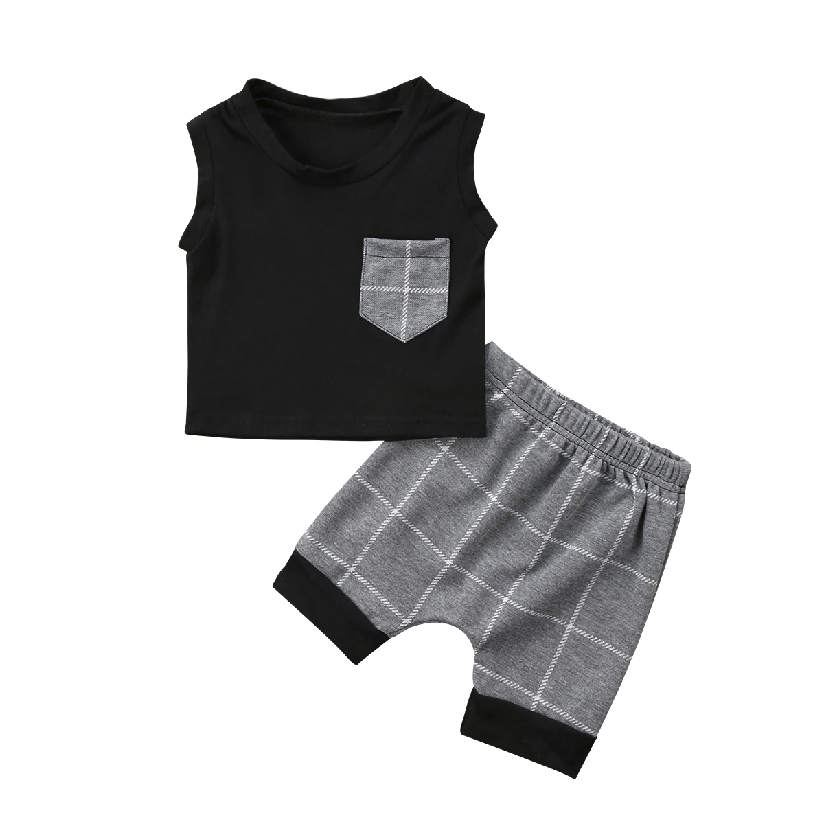 2018 Casual Newborn Infant Baby Boy Sleeveless Pocket Black Tops T-Shirt Gray Plaid Pants Outfits Clothes Summer Set |