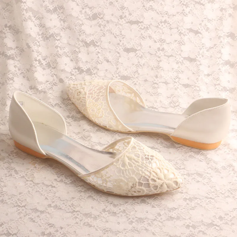 Удобные туфли-лодочки для женщин; свадебные балетки с острым носком на плоской подошве с кружевом