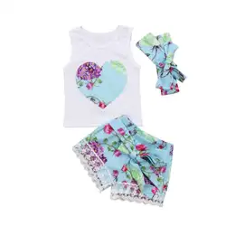 Комплект одежды из 3 предметов для маленьких девочек: топ с цветочным принтом + кружевные шорты + повязка на голову