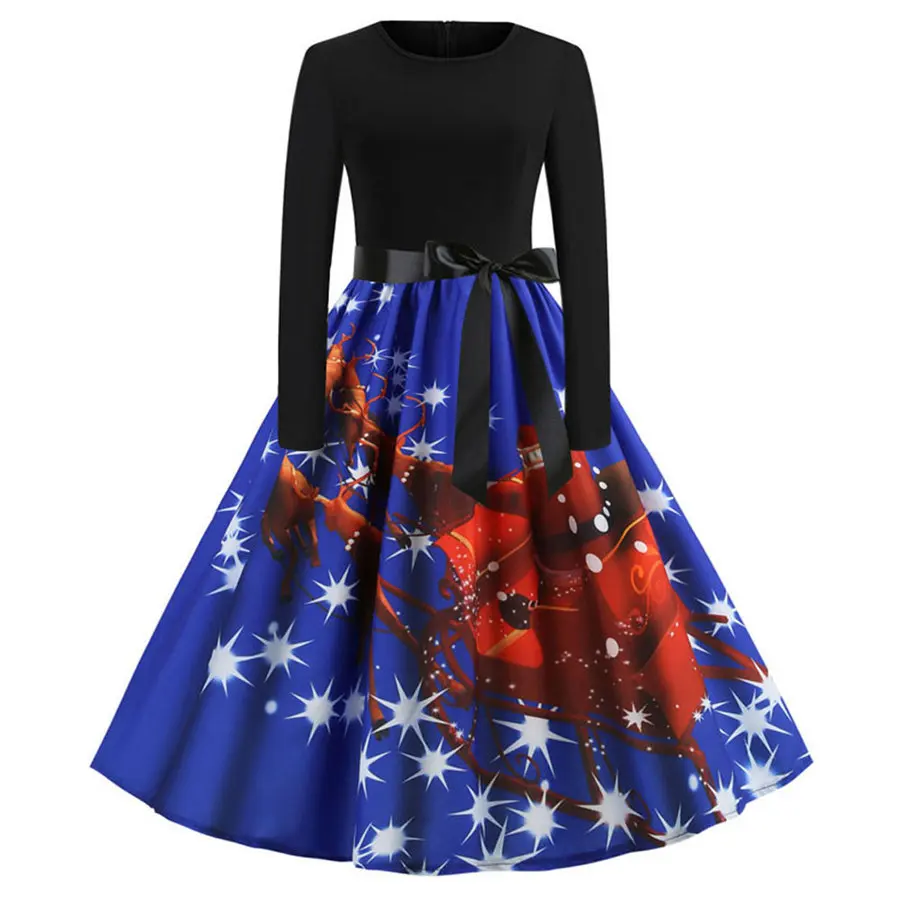 Gladiolus Christmas Print Summer Women Dress Belt Tunic Long Sleeve O-Neck 50s 60s Vintage Dress 2019 Party Ladies Dresses 2XL (15)