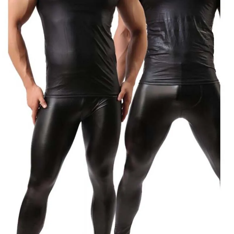 מכנסי סקיני Fashion 2018 Mens Black Faux Patent Leather Stage