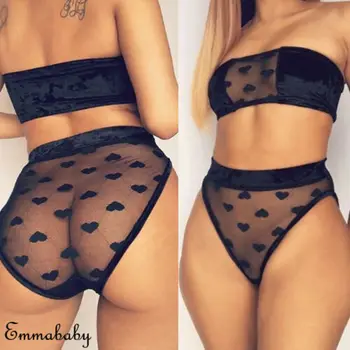 

Women Underwear Bra Sexy Suit Lingerie G-string Strapless Nightwear Lace Printed Love Heart Clothes Set Fashion