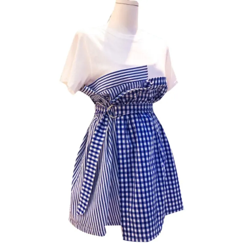 2019 Summer Casual Dress Short Sleeve Splice Plaid Dress Fake Two New Women s Dress A-Line Patchwork Short Sashes Knee-Length 2019 Summer Casual Dress Short Sleeve Splice Plaid Dress Fake Two New Women s Dress A-Line Patchwork Short Sashes Knee-Length
