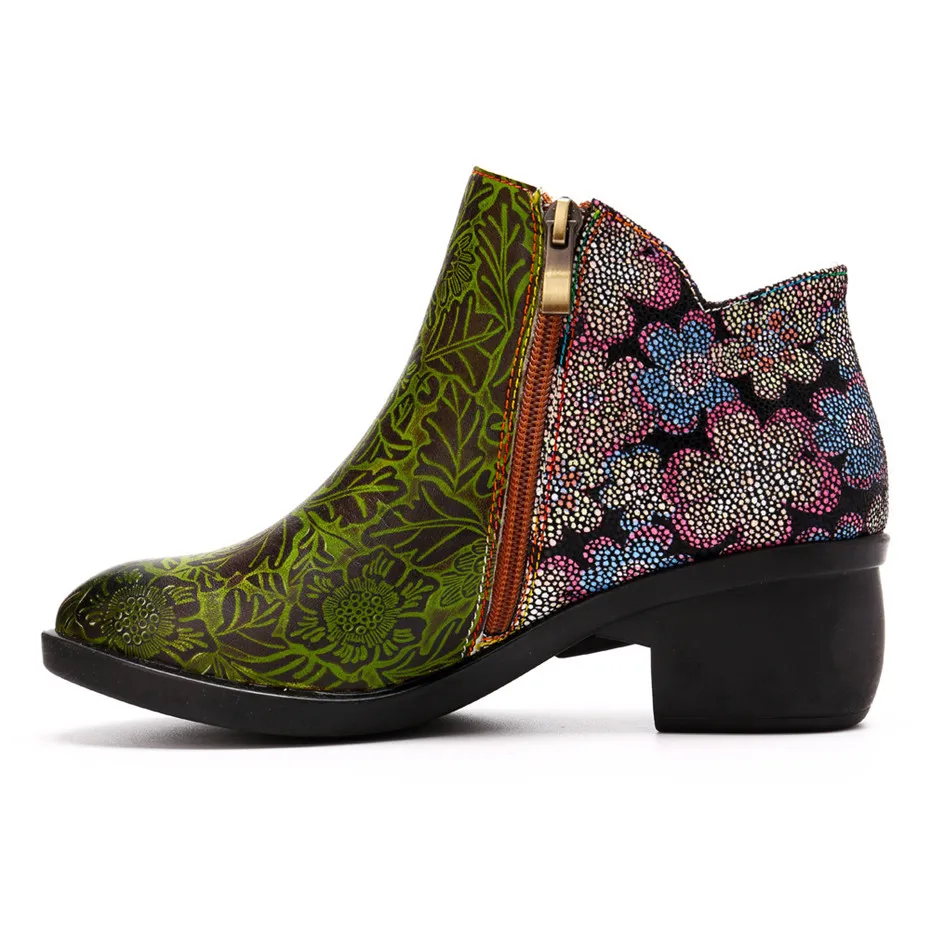Mixed Color Print Genuine Leather Boots Women Shoes Handmade Flower Zipper Ankle Boots Spring Autumn Vintage Floral Female Botas (1)