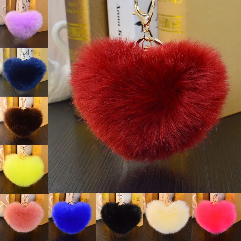 

Fashion Women Lady Lovely Heart Shaped PomPom Faux Rabbit Fur Keychain Key Ring Handbag Car Accessory