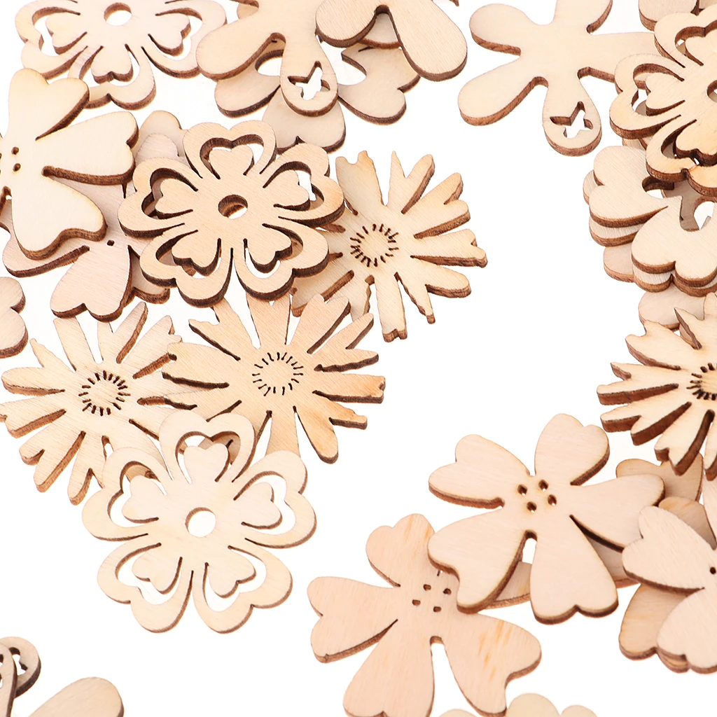 50pcs Wood Hollow Cutouts MDF Wooden Flowers Embellishment Buttons Flatbacks Craft for Scrapbooking Cardmaking DIY Decorations