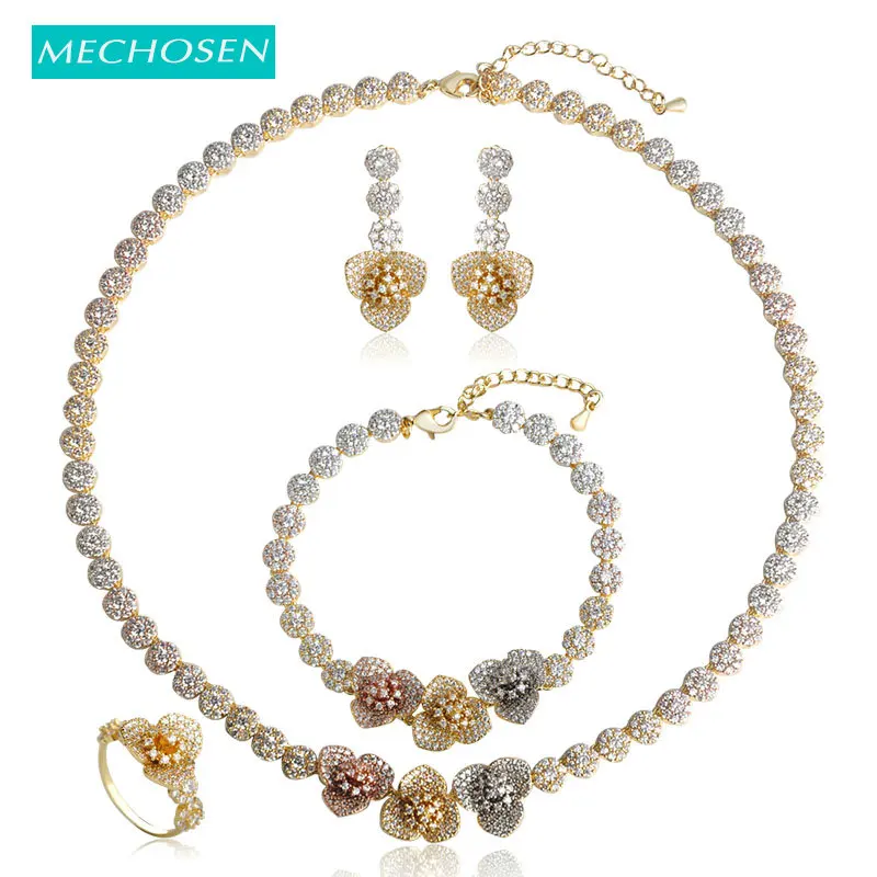 

MECHOSEN Exquisite Flower Necklace Earrings Ring Bracelet Jewelry Sets 3 Tones Full Cubic Zirconia Nigerian Wedding Dress Bijoux