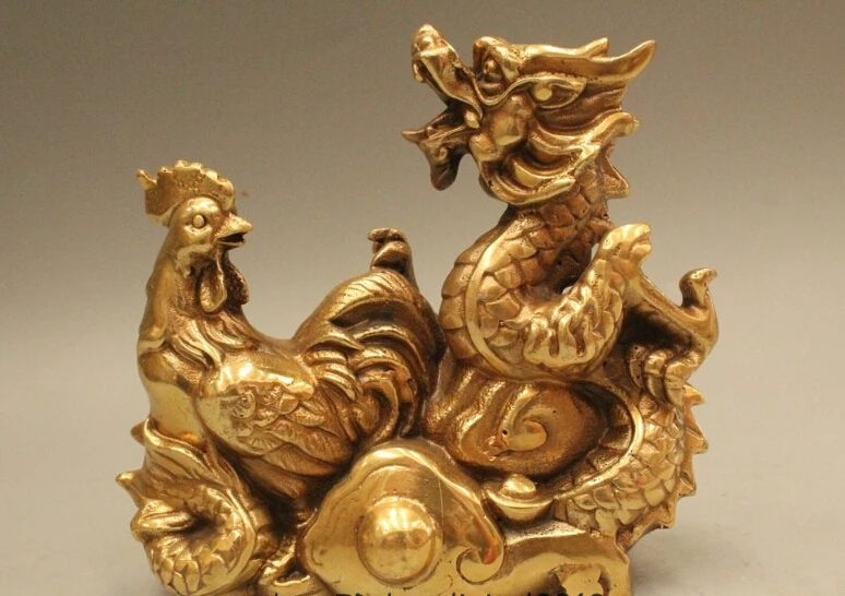 

5" China Chinese Feng shui Brass Zodiac Year Lucky Dragon Rooster Wealth Statue