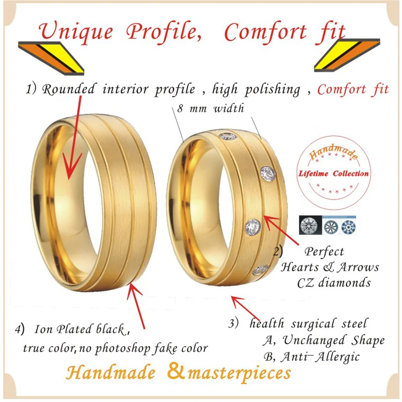 Классические Свадебные Кольца для пар, обручальные кольца для мужчин и женщин, большие 8 мм Ювелирные изделия из нержавеющей стали золотого цвета