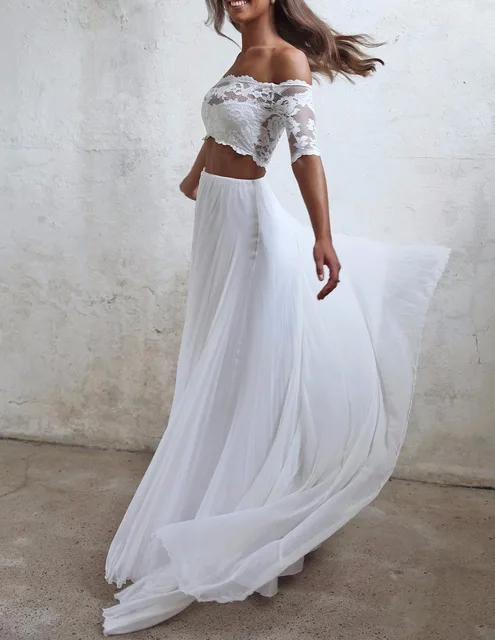 seductora de 2 piezas vestidos de boda de gasa de verano vestido de
