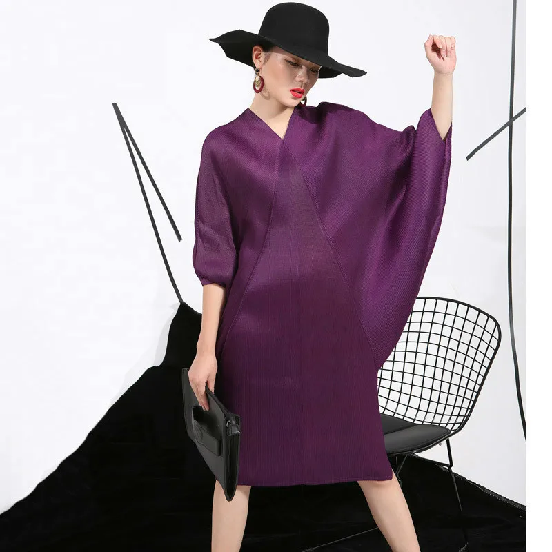 

LANMREM 2019 Spring Trendy New Crimp Bat Sleeve Design Big Size Loose Large Size Solid Color Dress Women Fashion FU11191