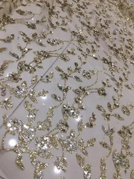 

Gold colour glued glitter lace fabric ZH18122314 top sale sequins glitter mesh material for evening dress