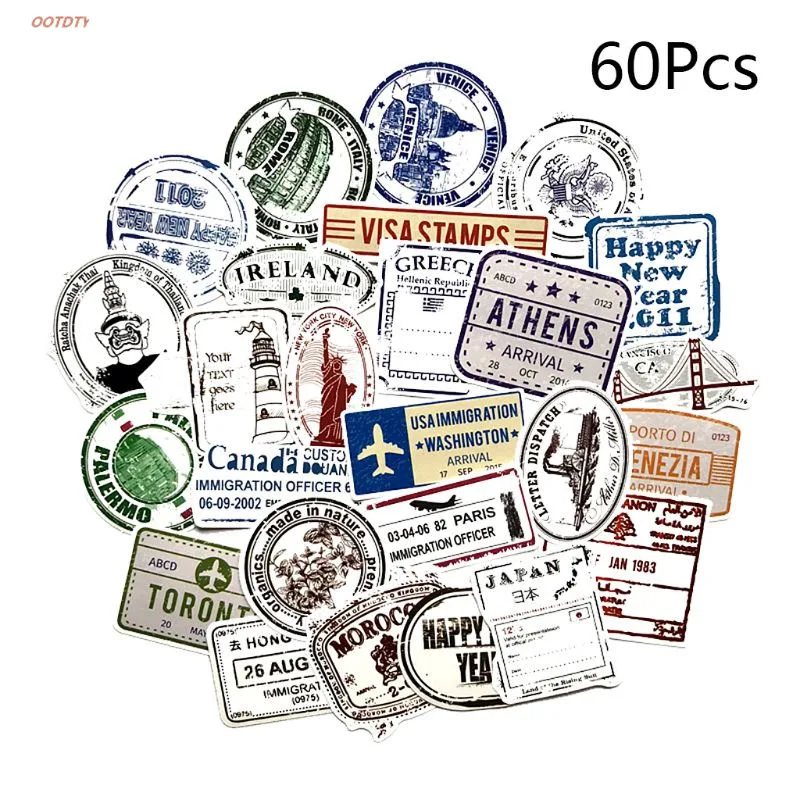 

60Pcs Vintage Graffiti Stamps Paper Sticker Travel Hand Account Notebook Phone Case Scrapbook Decorations Retro Gifts