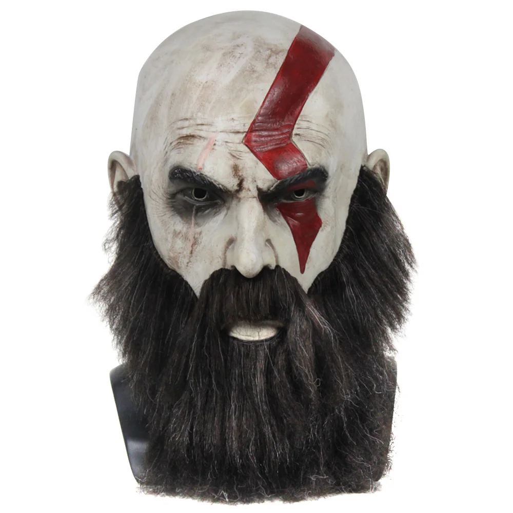 

God Of War Kratos Cosplay Mask with Beard Adults Game Latex Horror Full Head Helmet Unisex Halloween Scary Party Costume Props