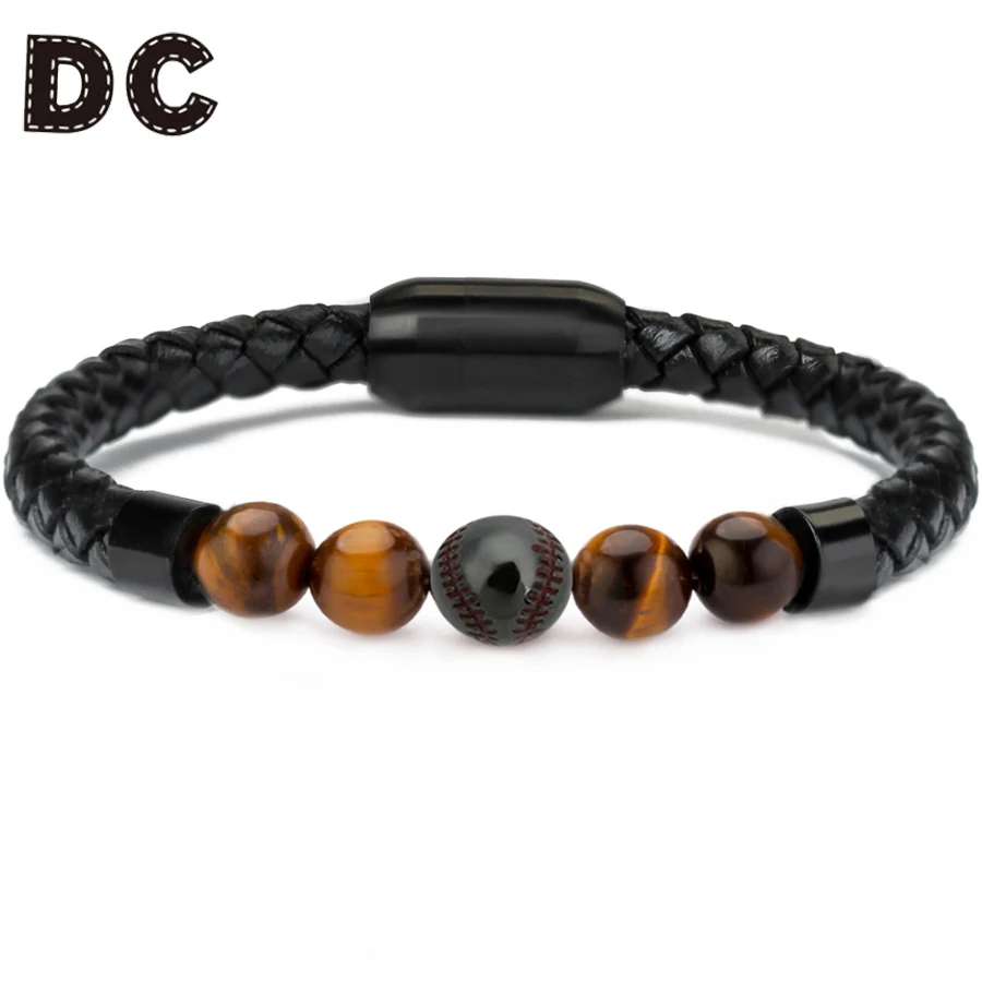 

DC 2018 New PU Leather Bracelet for Men and Women Vintage Stainless Steel Clasps Rope Braided Baseball Charms Bracelets Bangles