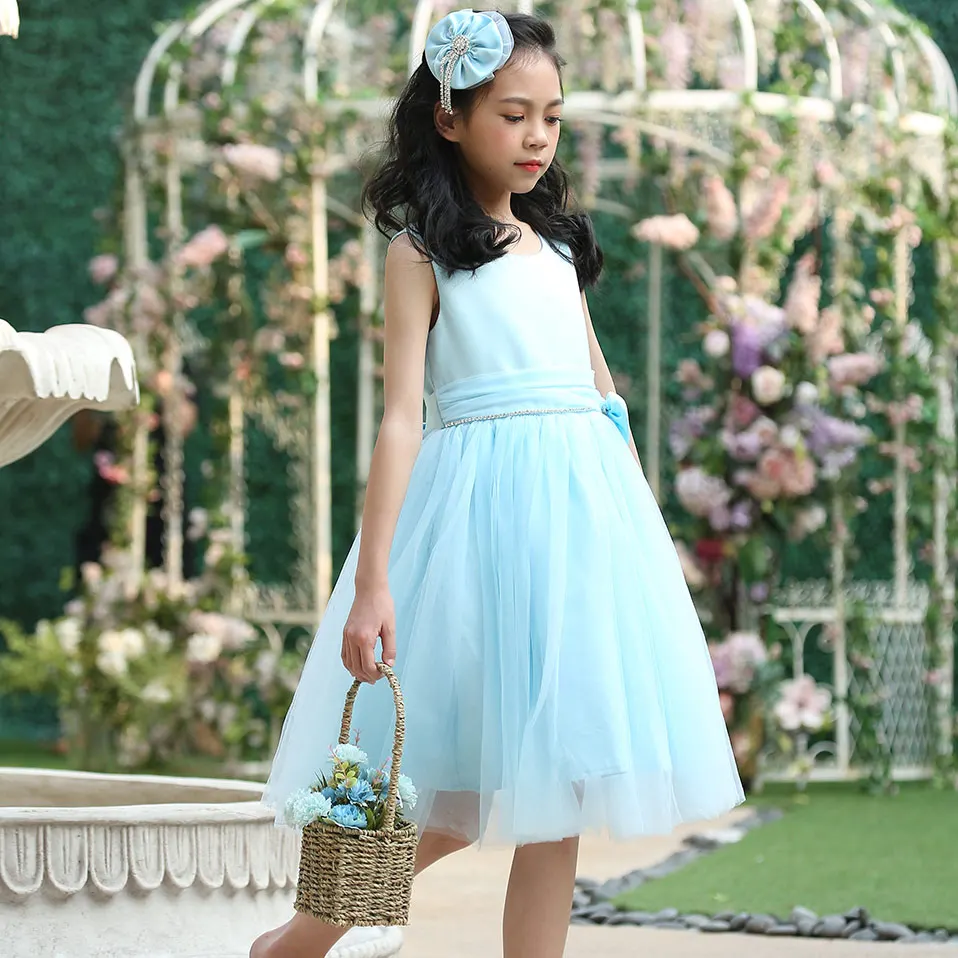Cutestyles/новейшее синее платье с цветочным рисунком для девочек, кружевное платье без рукавов с головной убор, эксклюзивное бальное платье, детская одежда, G-DMGD912-1202