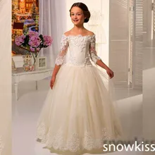 Элегантное бальное платье с кружевными аппликациями с открытыми плечами и рукавами 3/4; платье для первого причастия; Платья с цветочным узором для девочек; Детские платья