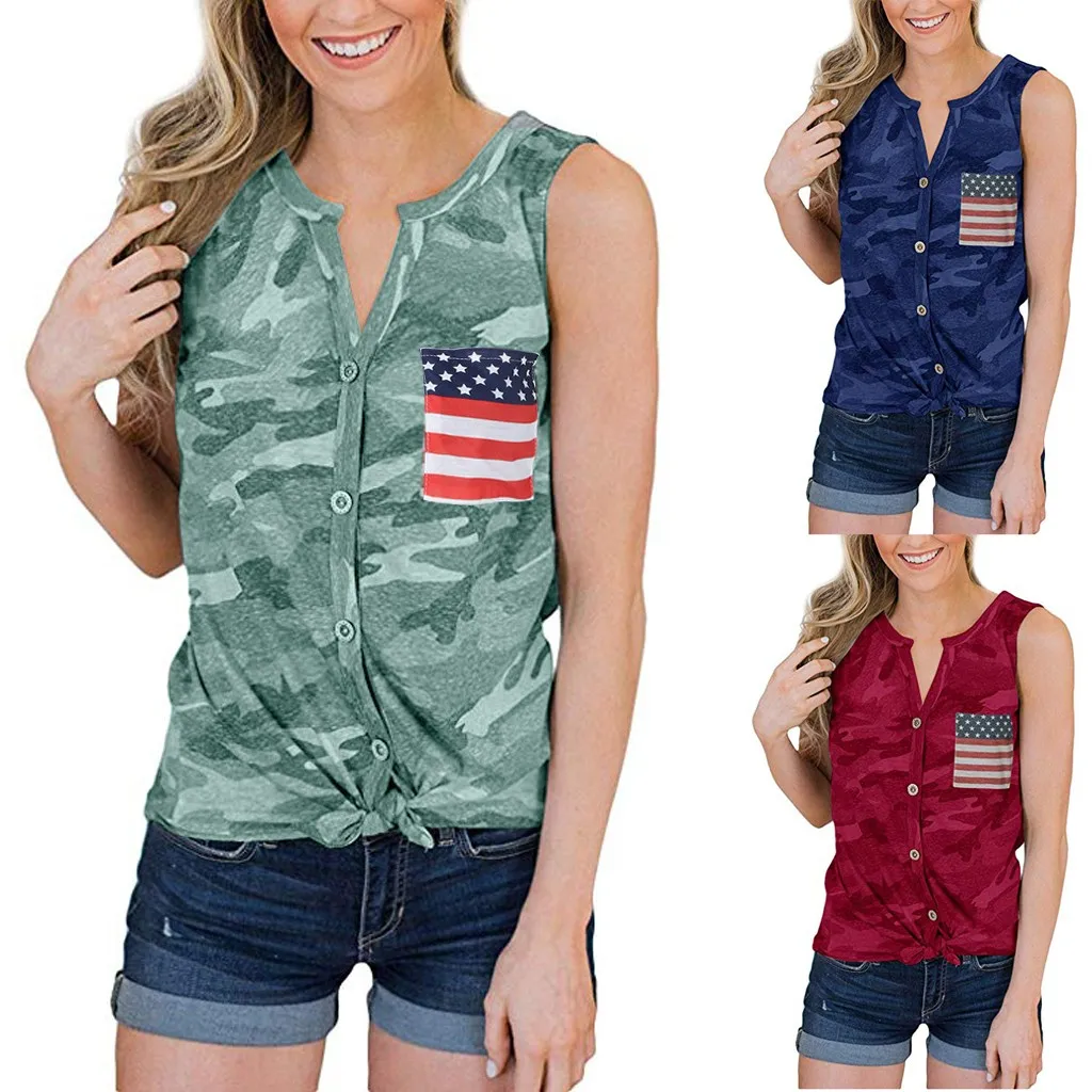 Women Tops 2019 Womens Casual Camouflage Tank Tops American Flag Button