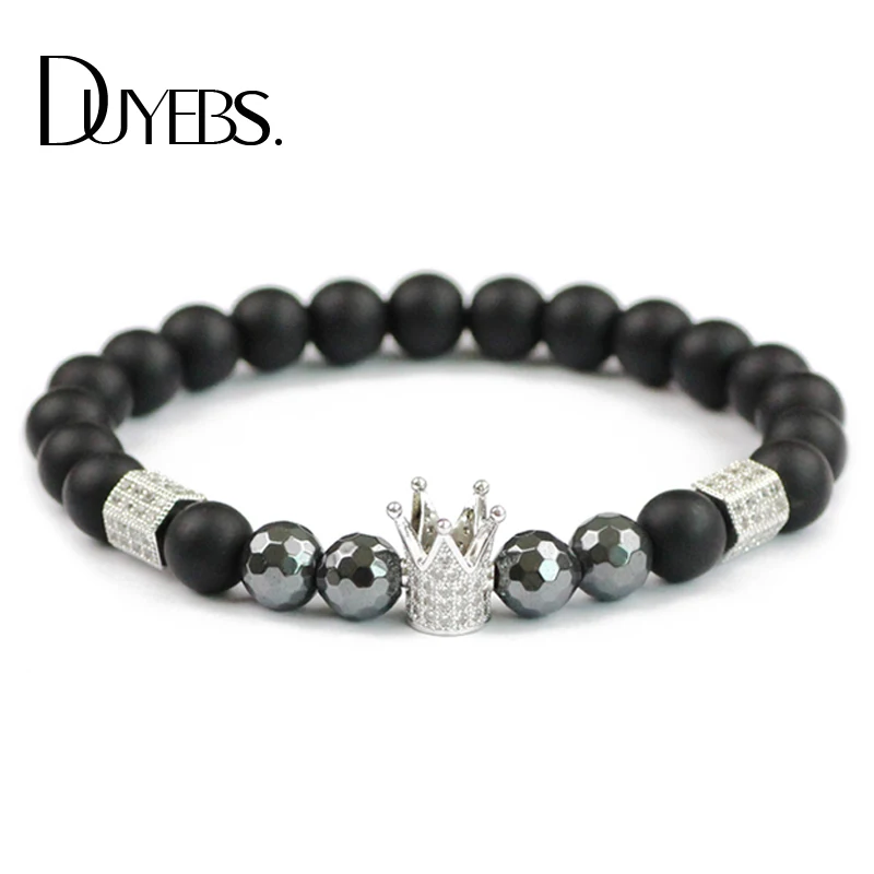 

DUYEBS Copper Crown Bracelets 8mm beads Natural Matte black stone hematite Inlay Zircon Men Women Charms Bangle Fashion Jewelry