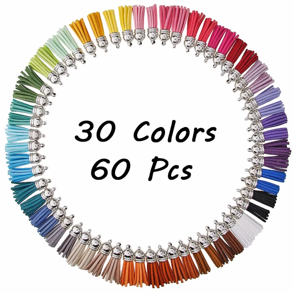 Silver Cap Tassel Vintage 60pcs 30 Colors 40mm Leather Tassels for DIY Jewelry Fringe Keychain Cellphone Straps Pendant #247379 