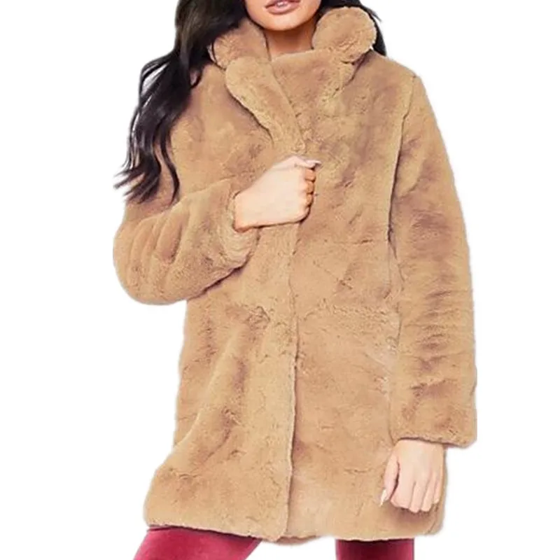 Пальто из искусственного меха, женская теплая куртка средней длины с длинным рукавом, однотонная куртка, большие размеры, зимнее пальто с мехом, кардиган с кроличьим мехом, верхняя одежда, as911