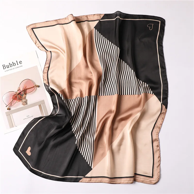 

2019 Women Silk Neck Scarf Square Foulard Office Lady Neck Hair Scarfs Design Striped Print Handkerchief Female Tie Band