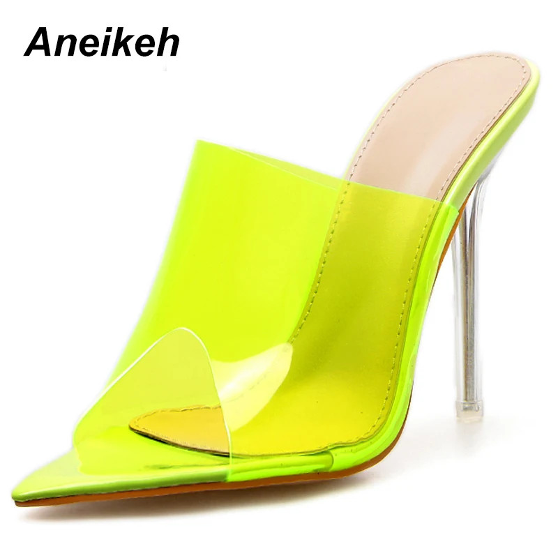 

Aneikeh New Summer Fashion PVC Slippers Sexy Pointed Open Toe Transparent Shoes Crystal Stiletto Shallow High Heel Slippers
