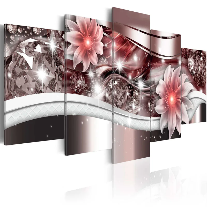 

5 Pieces Canvas Painting Exquisite diamond background beautiful Red flowers Paintings Modern Wall Pictures Framed PJMT- (6)