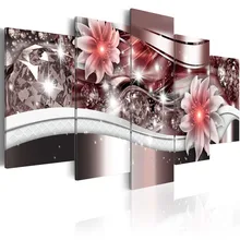 5 Pieces Canvas Painting Exquisite diamond background beautiful Red flowers Paintings Modern Wall Pictures Framed PJMT