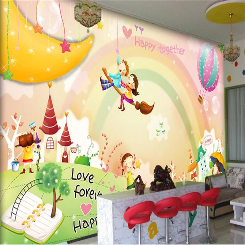 

beibehang wallpaper for wall Cartoon illustration kindergarten children room image wallbackgrou village forest oil painting TV