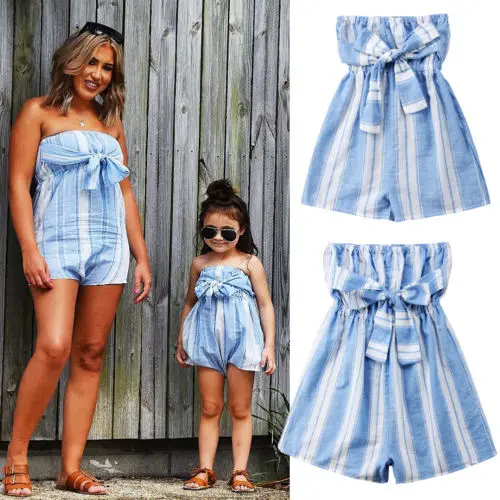 

Hot Sale Mother Daughter Bow knot Tunic Romper Clothes Striped Print Women Kids Girls Belt Bow Jumpsuit Summer Matching Outfits