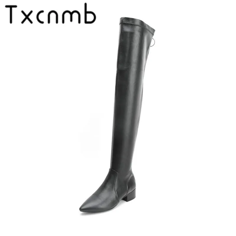 

TXCNMB Over The Knee Boots Women Genuine Low Leather Heels Black Back Zipper Boots Pointed Toe Autumn Winter Botas Shoes Woman