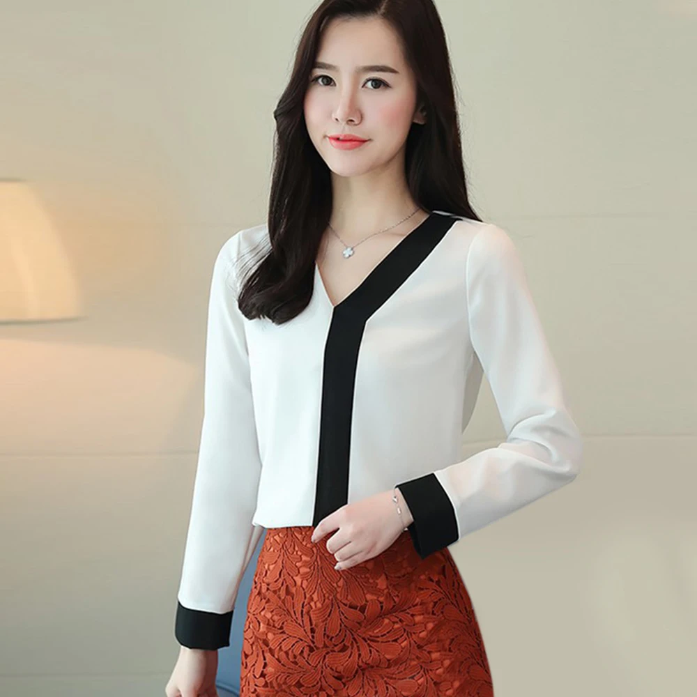 

Fashion Women's V Neck Shirt Female Patchwork Long Sleeve Chiffon Ladies Tops Spring Loose Blouses Solid Casual Female Shirts