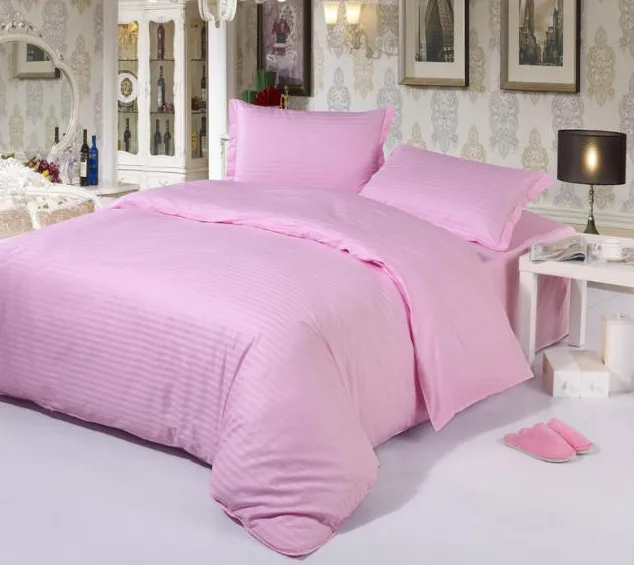 

Girls Bedding sets Pink Queen size 100% Cotton bed sheets Solid Striped Satin quilt duvet cover linen bedspread King full 4PCS