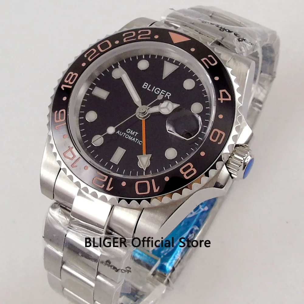 

Luxury Brand BLIGER 40mm Black Dial Ceramic Bezel Stainless Steel Band GMT Function Luminous Automatic Movement Men's Watch B2A