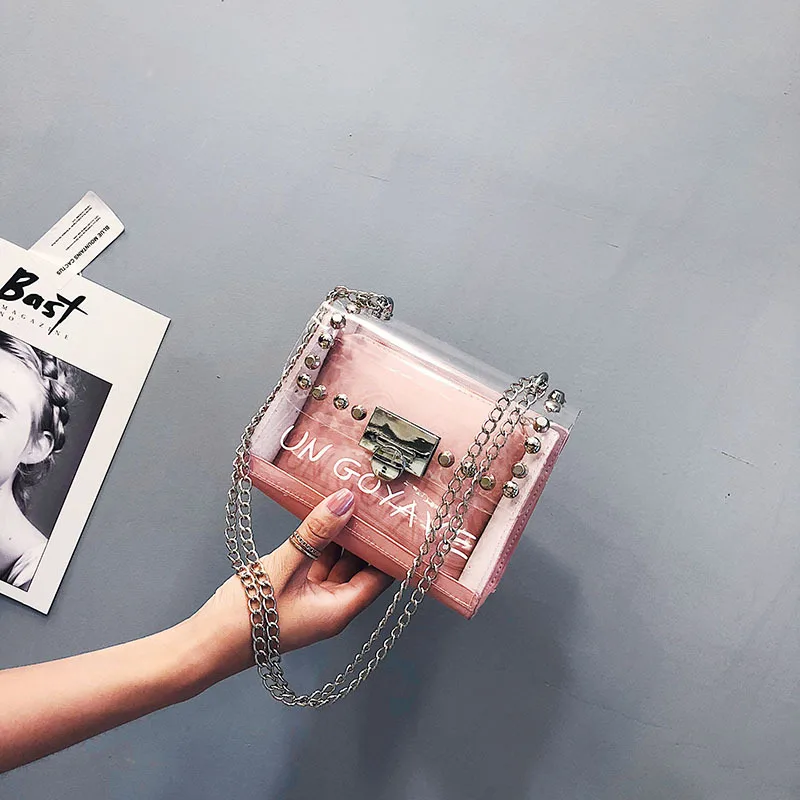 

Fashion Women 2019 New Letter Shoulder messenger Bag Clear Transparent Jelly Crossbody Bag Mini Chain Rivet bolso Flap Handbag