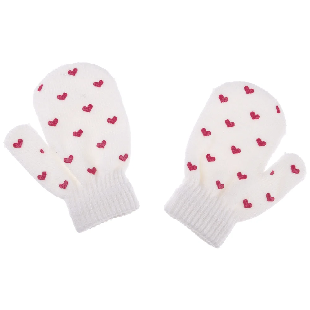 Детские зимние теплые вязаные варежки со звездами и сердечками, утолщенные перчатки для запястья - Цвет: White Heart