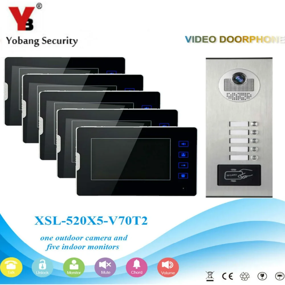 Yobangsecurity Видеодомофоны 7 "дюймов двери видео phone home Дверные звонки домофон Системы RFID дверца Камера для 5 Единица квартира